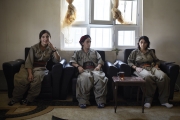 MAKHMOUR, IRAQ-SEPTEMBER, 2014: Toprak, Nujiyan and Beritan,PKK soldiers engaged in the fight against ISIS. (Picture by Veronique de Viguerie/Reportage by Getty Images)