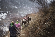 NA, NEPAL-APRIL, 2015: Une tempÃªte de neige surprends deux femmes et leur yaks qu redescendent Ã  Beding depuis le village de Na. (Picture by Veronique de Viguerie/Reportage by Getty Images)