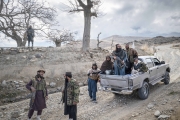Nangahar, Afghanistan-Dec, 2019: Taliban fighters under Mollah Tarek commands in front of Zawa school which was destroyed during the fighting with Daesh. They hope to rebuild it so children can go back by spring. (Picture by Veronique de Viguerie/Getty Reportage)