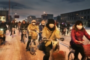 BAOTOU, CHINA-FEBRUARY, 2011 : All Baotou city seems to live on the Rare Earth rythms. At dawn, thousands of  bikers are driving to the different mines factories around. (Photo by Veronique de Viguerie/Reportage by Getty Images)